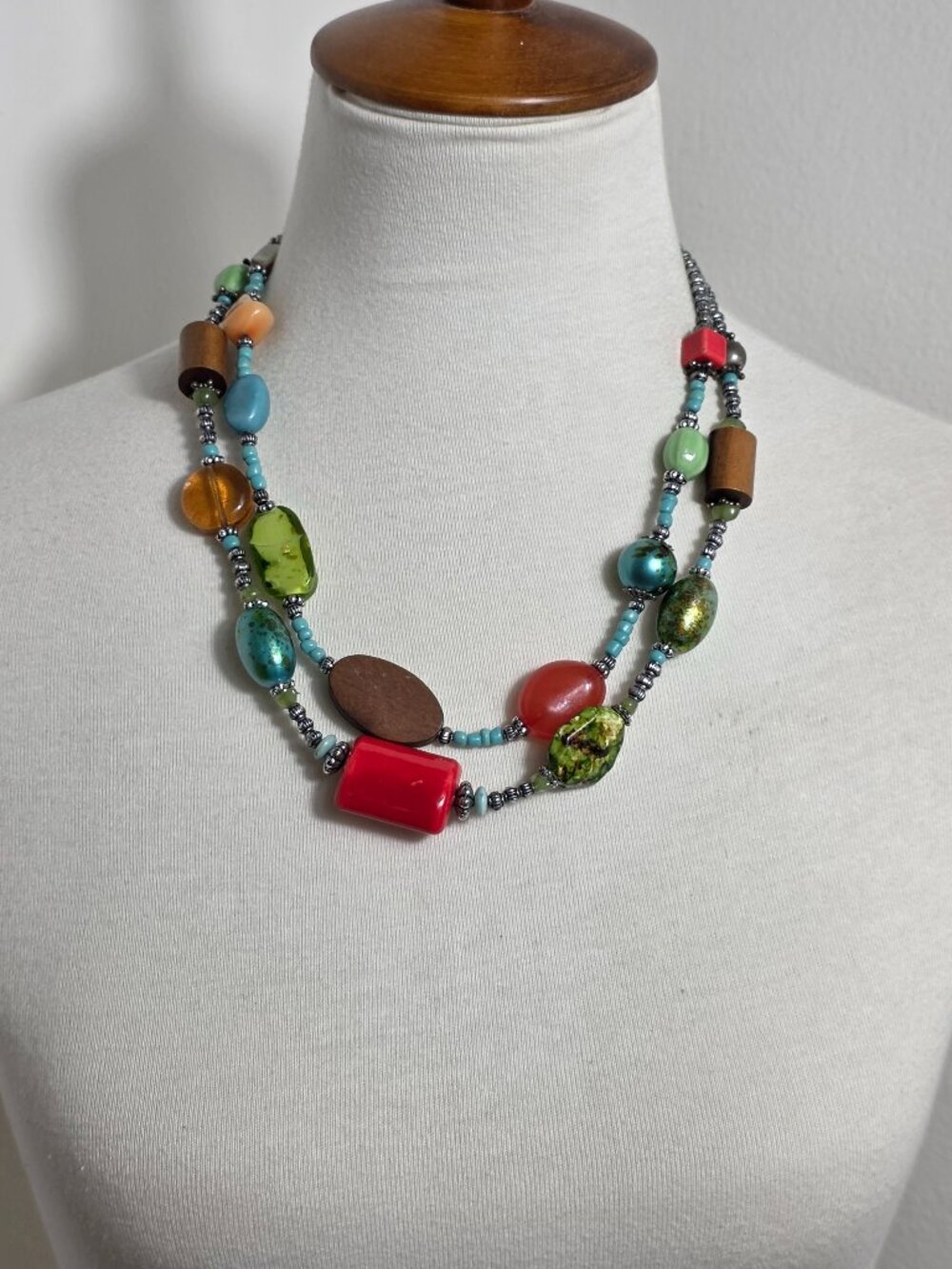 Multi-Strand Boho Necklace Vibrant Mix of Materials, Shapes & Textures